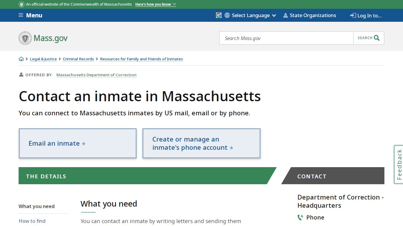 Contact an inmate in Massachusetts | Mass.gov