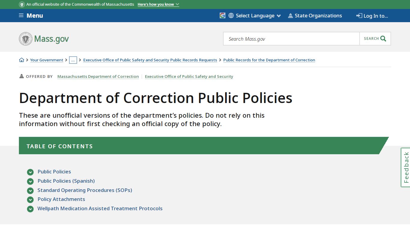 Department of Correction Public Policies | Mass.gov